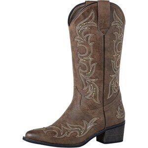 SheSole Western Boots Women Dark Brown Faux Leather Square Toe Wide Mid Calf